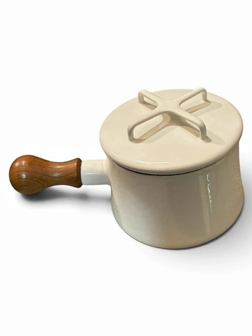 Dansk Kobenstyle Wht Enamel Butter Warmer Saucepan/Trivet Lid Teak Handle Danish